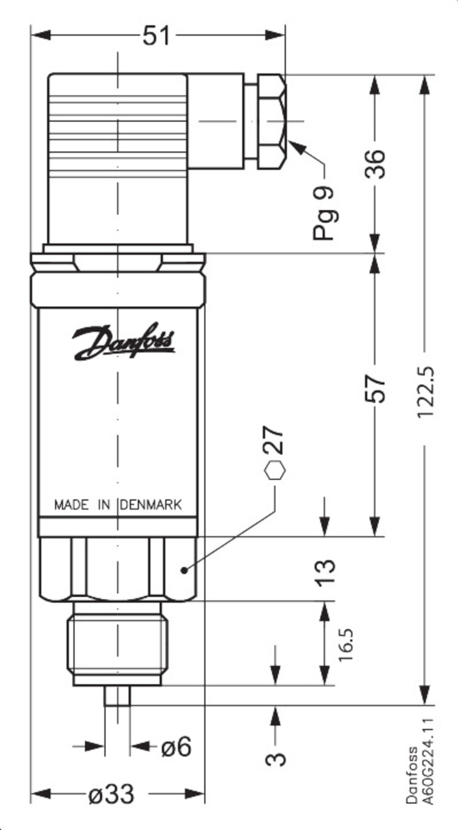 Pressure transmitter, AKS 33, -1.00 - 34.00 bar, -14.50 - 493.00 psi
